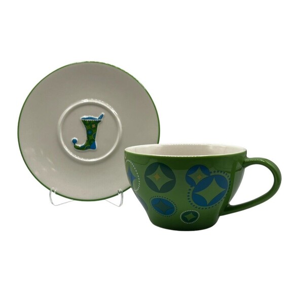 2006 Holiday Starbucks Elf Christmas Stocking Green Coffee Mug Tea Cup & Saucer - Picture 2 of 8